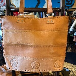Tan Stamped Leather Tote with Floral Design